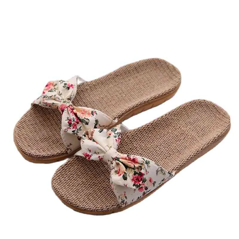 Suihyung Pantofole in lino da donna Estate Casual Scivolo da spiaggia Sho Ladi Sandali infradito con fiocco floreale in lino per interni