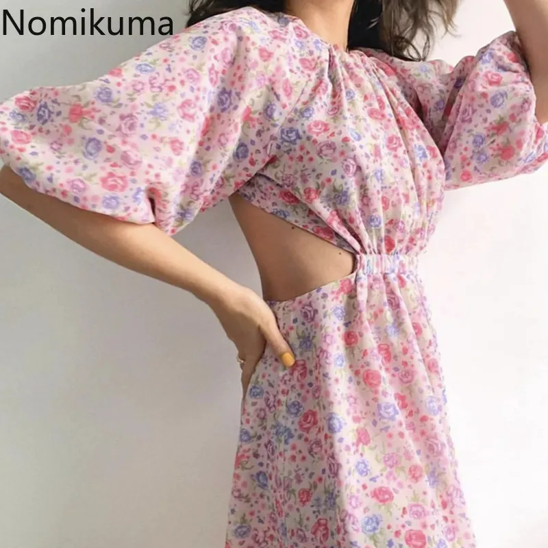 Nomikuma Spring Summer Women Floral Dress Sexy Backless Bow Tie O-neck Dresses Puff Short Sleeve A-line Mini Vestido 6E371 210427