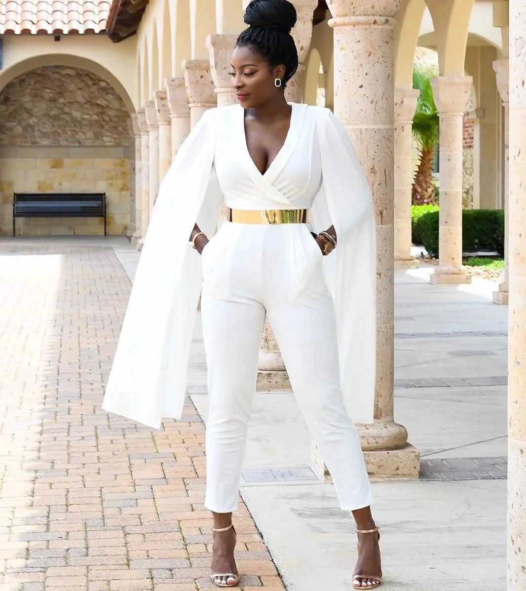 African Women White Jumpsuit Evening Dress With Pockets Deep V-Neck Cape Sleeve Prom Party Gowns pant suit Occasion Wear