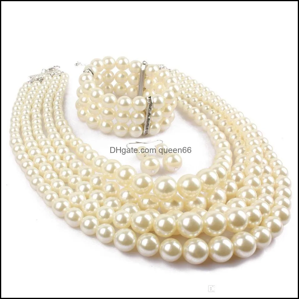 Red Imitation Pearls Bridal Jewelry Sets Women Fashion Wedding Gift Classic Ethnic Collar Choker Necklace Bracelet Earring Sets