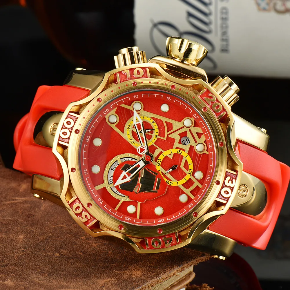 Red color mens watch all functional subdial work quartz movement watches chronograph rubber strap cartoon dial stainless steel case splash waterproof clock