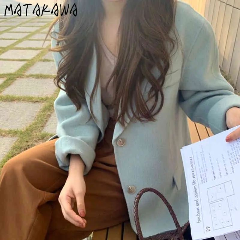 Matakawa losse lange mouwen dunne wollen pak jas korea chic herfst elegante eenvoudige revers wollen jas casaco feminino 210513