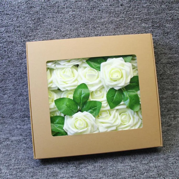 /Box PE Foam Rose Flowers Head with leaves Home Wedding Decoration Artificial Flowers DIY Bride Bouquet Simulation Flower for Valentine`s Day Gift