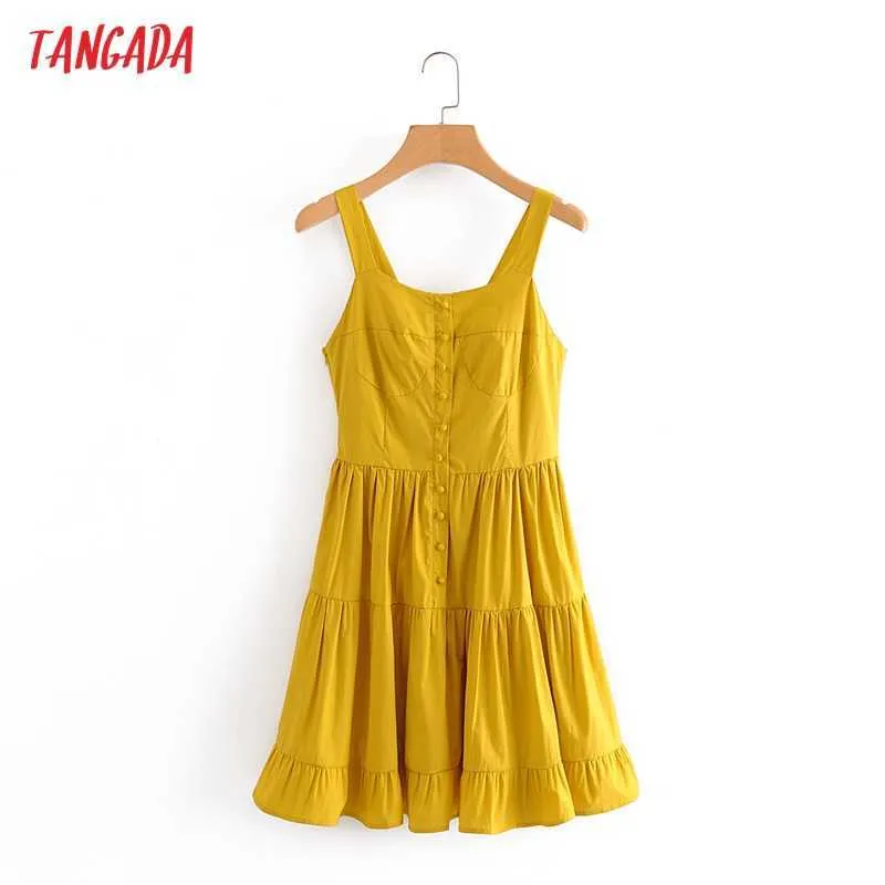 Yellow French Style Sleeveless Mini Dress for Women - Tangada Summer Panambi Vestido with Side Zipper (3A112 210609)