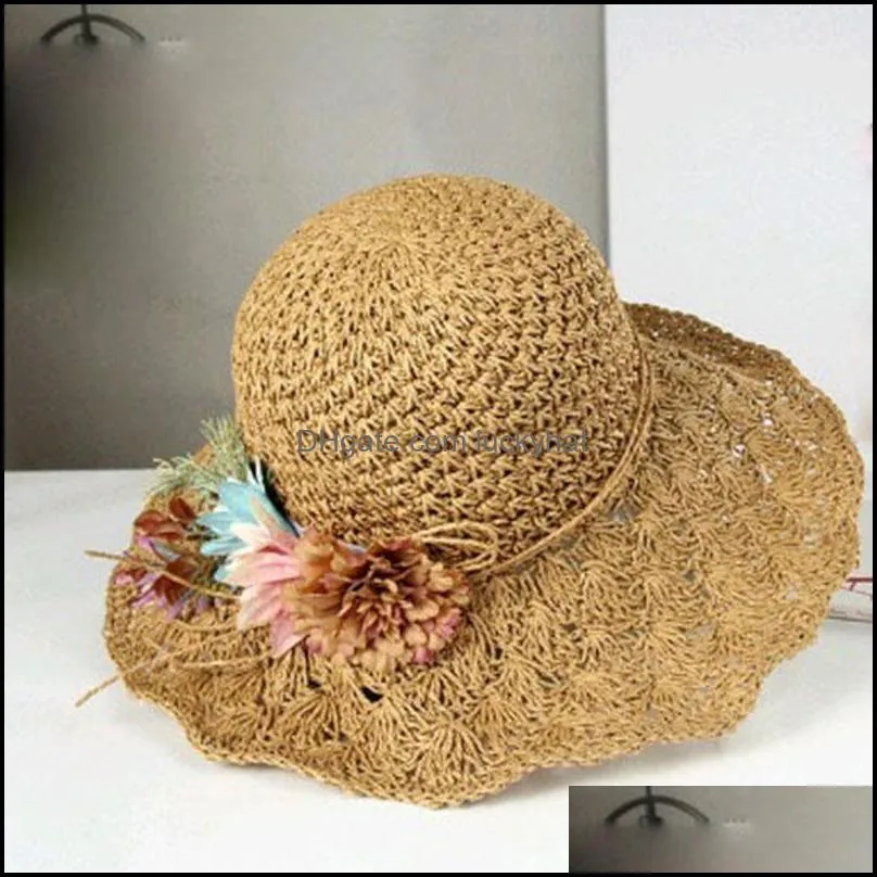 Wide Brim Hats Summer For Women With Flowers Handmade Crochet Sun Hat Beach Straw Large Visor Female Cap Breathable