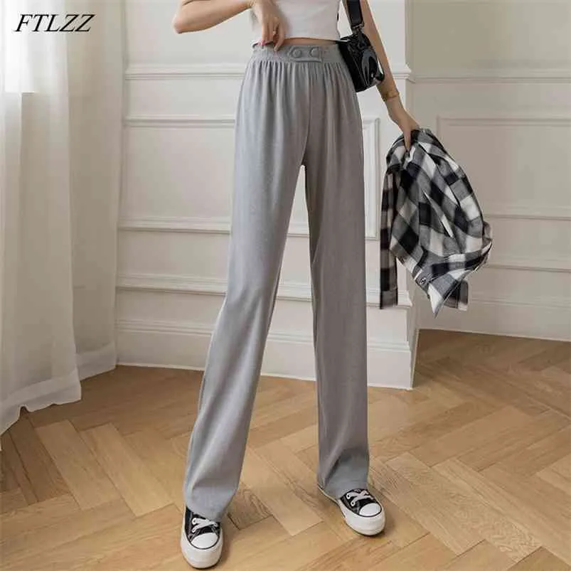 Wiosna Letnie Arrival Kobiety Casual Luźne Długie Spodnie Panie Solidna Wysoka Talia Szeroka noga Home Styl 210430