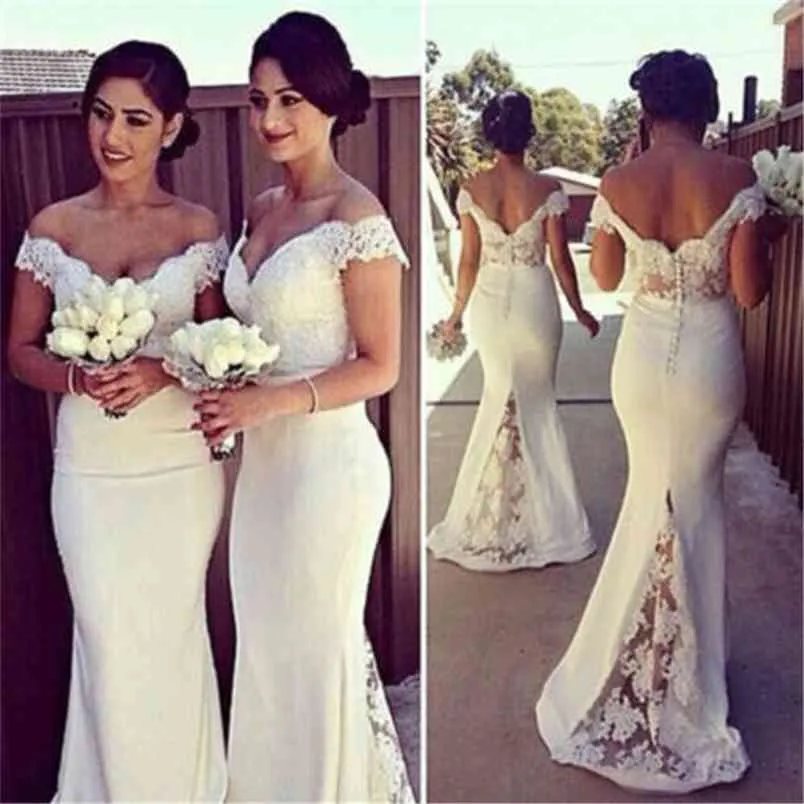 Women Dress Elegant Ladies Solid White Lace Long Chiffon Wedding Party Off-the-Shoulder V-Neck Bridesmaid Princess Formal Outfit 210522