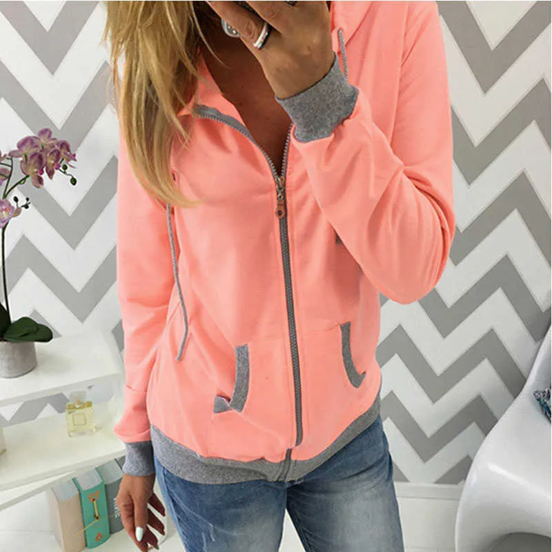 Dames Lente Winter Hoodies Lange Mouwen Patchwork Kleuren Sweatshirts Casual Pockets Rits Hooded Dames Bovenkleding Kleding 210928