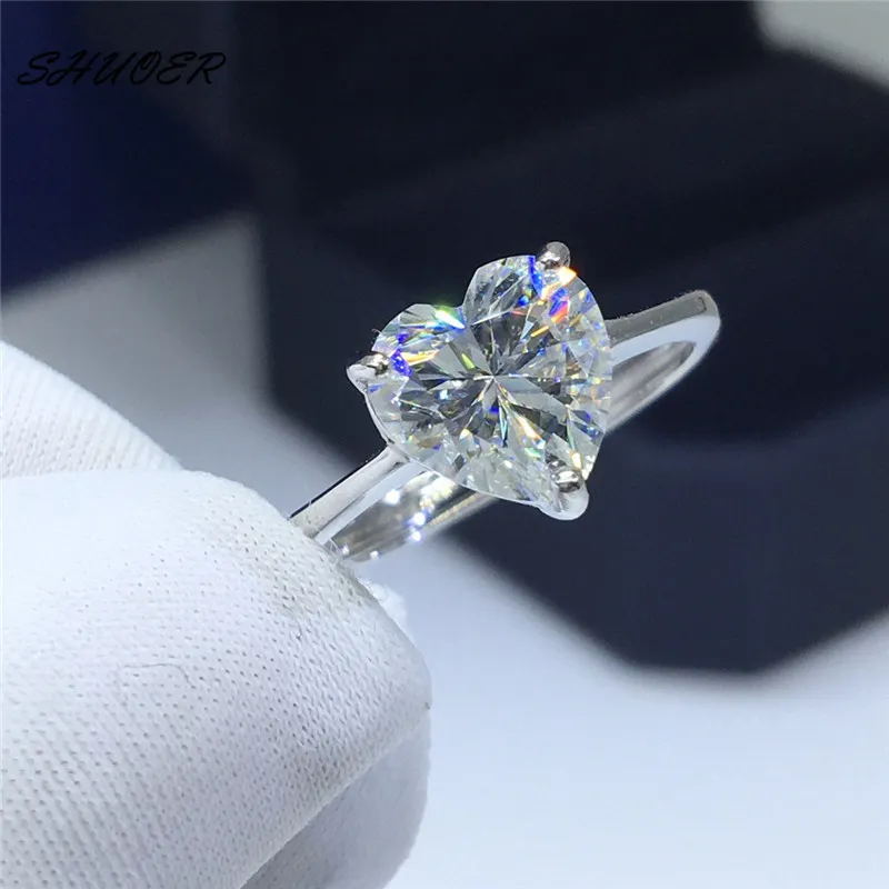 Klassisk 2 pass diamant tester d färg moissanit hjärta ring 925 sterling silver briljanta snitt kärlek sten ringar för kvinnor