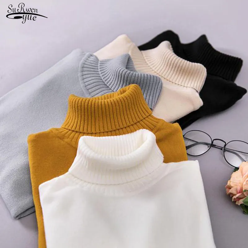 Automne coréenne Tambeneck Cotton Coton Coton Style Slim Kit à manches longues Solide Pullover Solide Femmes 11661 210521