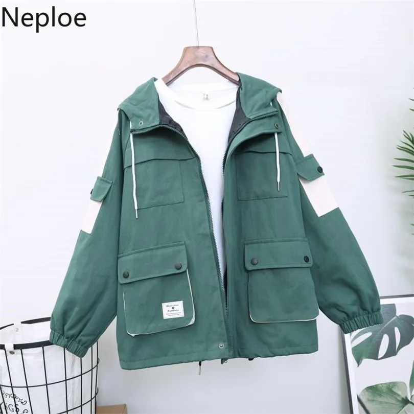 Neploe Contrast Color Hooded Cargo Jacket Autumn Zipper Coat Women Long Sleeve Safari Style Jackets Outerwear 56003 211014