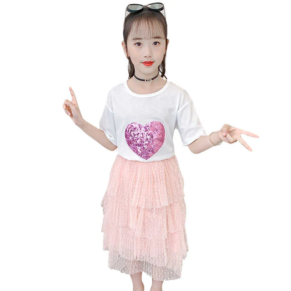 Dziewczyny Letnie Ubrania Cekiny Tshirt + Spódnica Kostium Dla Dot Wzór Girl Set Mesh Kids Dressuit 6 8 10 12 14 210528