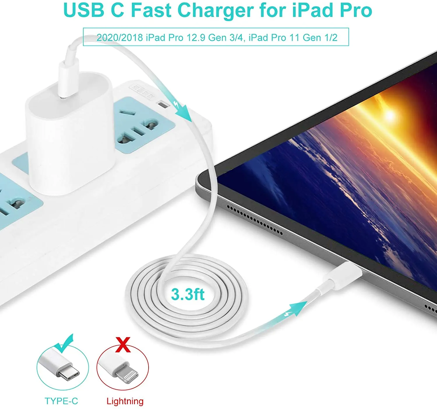 18W USB C Fast Charger for iPad Pro 12.9 iPad Air 4, Samsung Galaxy S20/S10/S9, PD Wall Charger with USB C to USB C Charging Cable