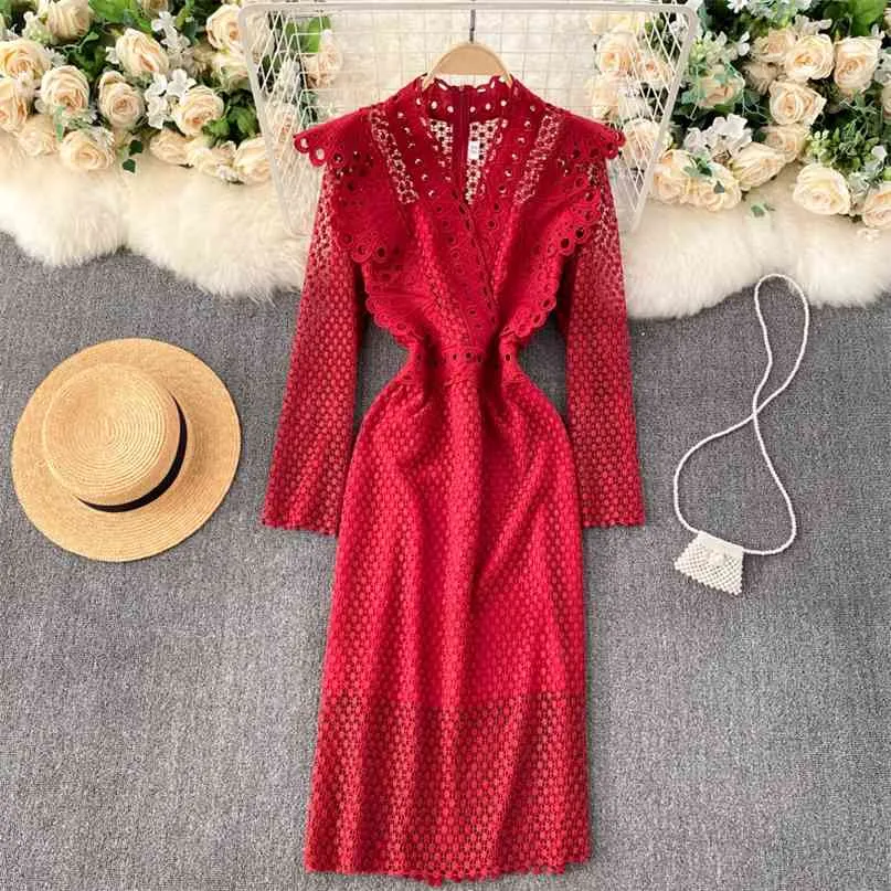 Moda coreana Mulheres Lace Midi Dress Sexy V-decote V-Decote Longo Hollow Out Slim Fit Noite Prom Festa Robe Femme 210603