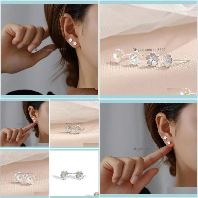 S925 women`s Japanese Korean fashion plain silver Cherry Blossom Earrings beautiful and  Silver Gold Flower