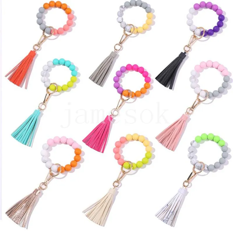 Keychain Tassel 구슬 스트링 체인 파티 선호 음식 등급 실리콘 구슬 브레이슬릿 여자 소녀 키 링 손목 스트랩 팔찌 키 체인 DB836