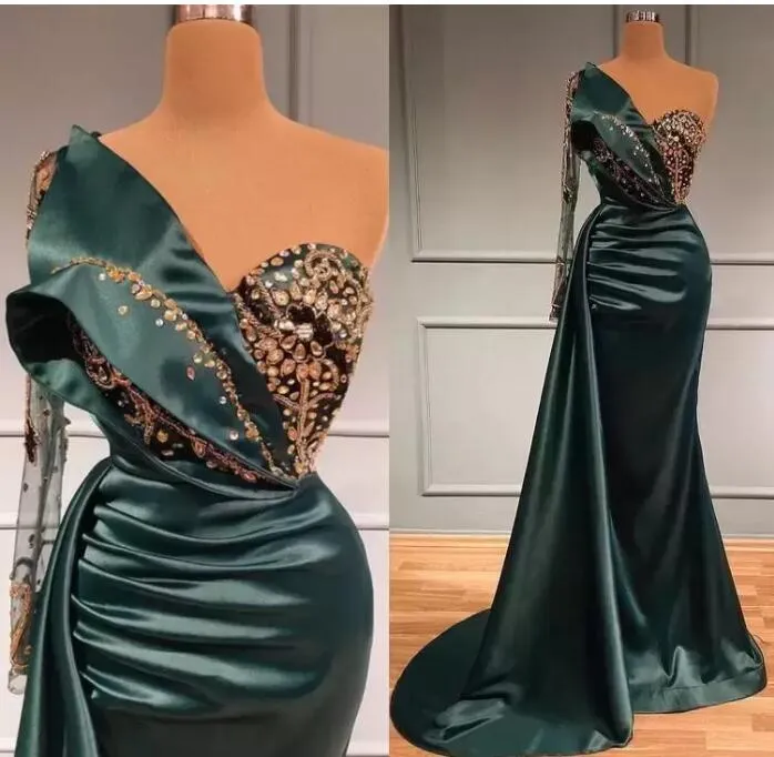 2022 Hunter Green Abendkleider Meerjungfrau Dubai Plus Size One Shoulder Long Sleeves Kristalle Perlen Satin Maßgeschneiderte Abschlussball-Partei-Kleid-Anlass-Abnutzungs-Kleider