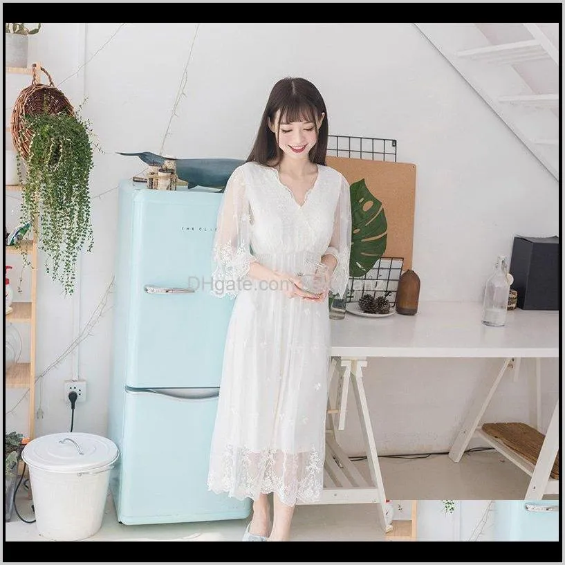 women soft modal vintage long nightgown autumn sweet long sleeve white lace sleepwear sexy nightwear home clothes 1801 2r2b#