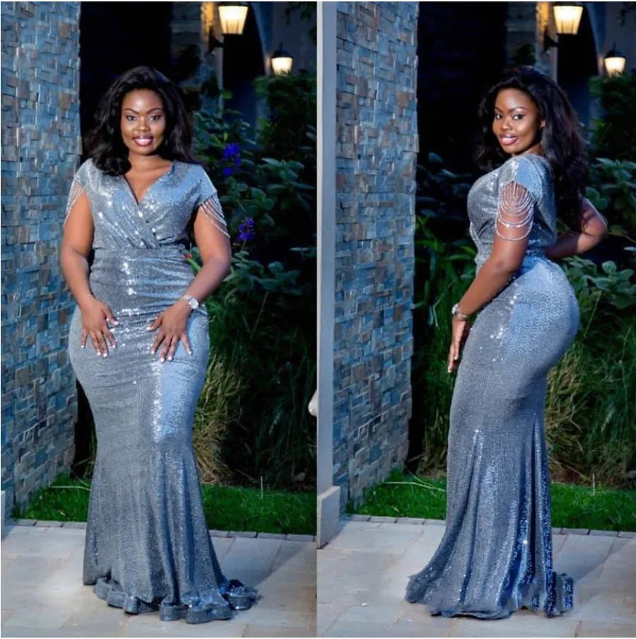 DHgate Elegant Plus Size Mermaid Evening Dress with Sequins V Neck Short Sleeve Formal Gown for Prom in Nigerian Style Wedding Party Events