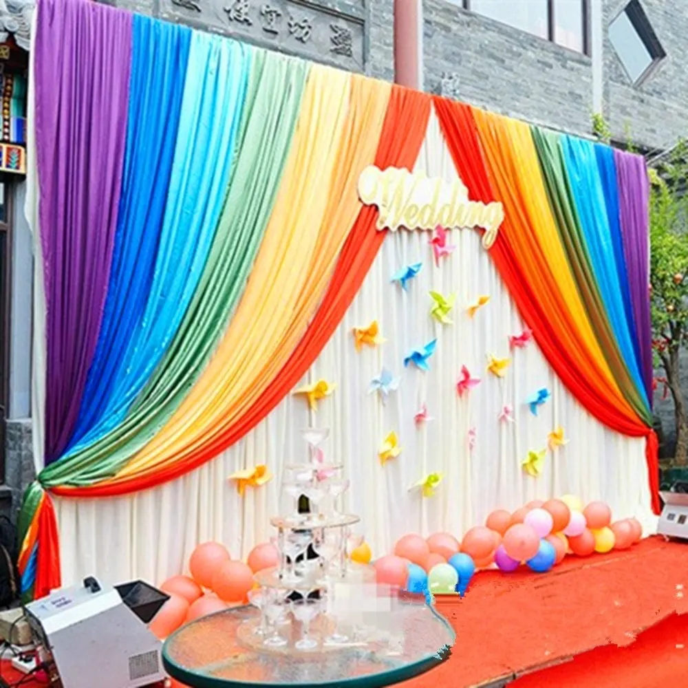 Wedding Decoration 10FTX20FT Ice Silk Rainbow Color Stage Backdrop Curtain Drape Children Birthday Background Wall Decor Baby Shower Party Supplies