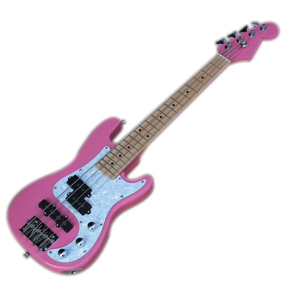 Mini 6 strängar rosa elektrisk basgitarr med lönn fretebräda, lämplig för vuxna, barn och resor