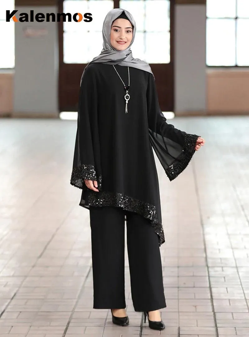 Ramadan Dubai Abaya Dames 2 Stuk Set Moslim Hijab Topsand Wide Been Broek UAE Turky Past Islamitische Kleren Kaftan Robe Twee jurk