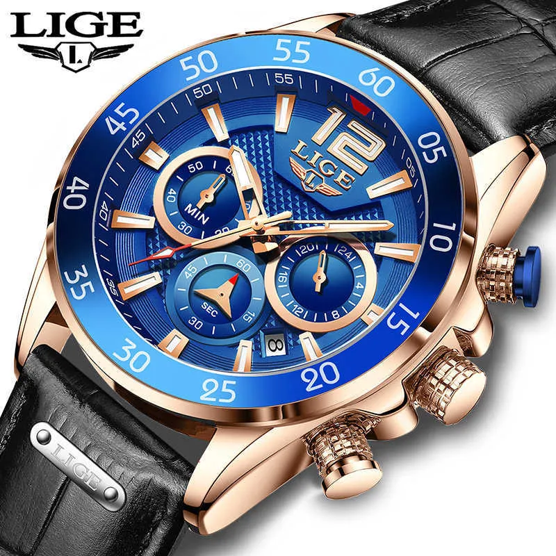 Hommes Montre LIGE De Luxe En Cuir Étanche Sport Montres Hommes Mode Automatique Date Chronographe Quartz Horloge Relojes Hombre 210527