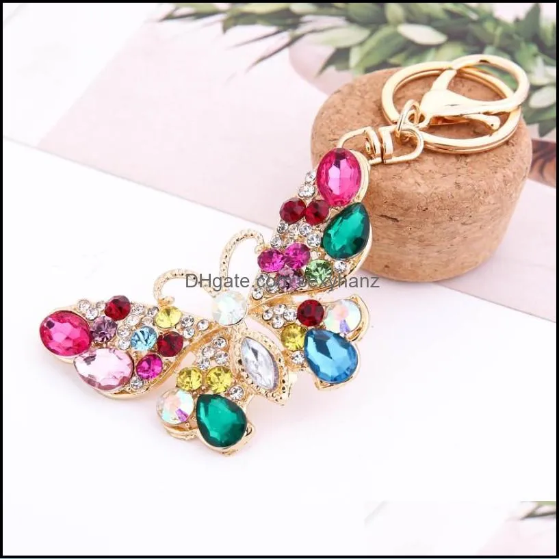 Rhinestone Butterfly Keychains Rings Rainbow Colorful Gold Crystal Key Chains Jewelry Gift Animal Bag Pendant Charms Keyrings GWB12349