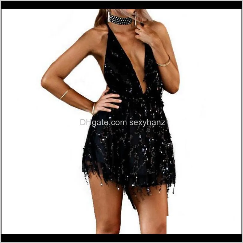 2019 spring summer shiny sexy dress womens backless halter black gold beach mini women dresses party tassel club wear