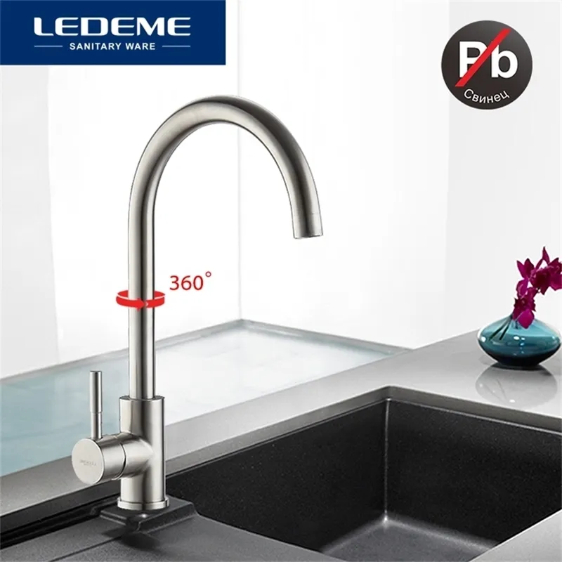 LEDEME Grifo de cocina clásico Acero inoxidable Proceso cepillado Grifo de lavabo giratorio Rotación de 360 grados Grifo de acero inoxidable 210719