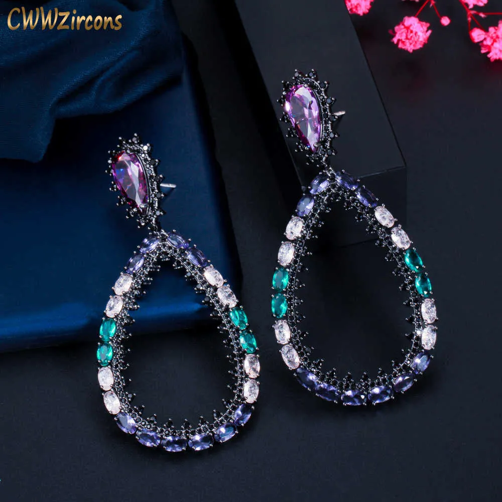 Colored Luxury Big Statement Long Drop Earrings for Women Brazilian Black Gold CZ Crystal Party Wedding Jewelry CZ860 210714