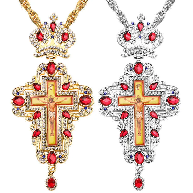 Croix pectorale de couleur or, collier long, couronne, crucifix, art religieux byzantin et tradition orthodoxe, prêtres de la Sainte Croix X0707