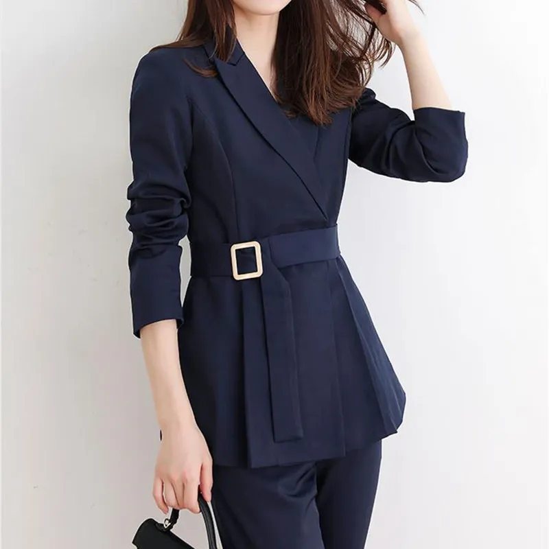 Mulheres profissionais blazer calças terno ol elegante negócio desgaste lace-up blazers + ternos 2 peças conjuntos 210421
