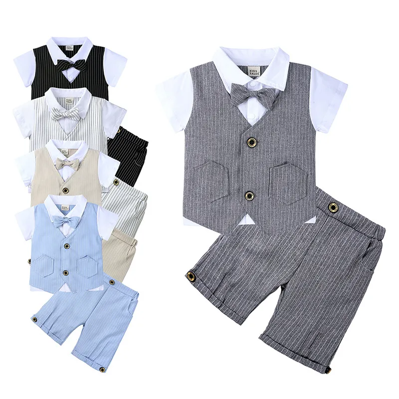 Zomer katoen babyjongen kleding sets formele peuter jongens verjaardagsfeestje kleding pak gentleman top + shorts kinderen outfits