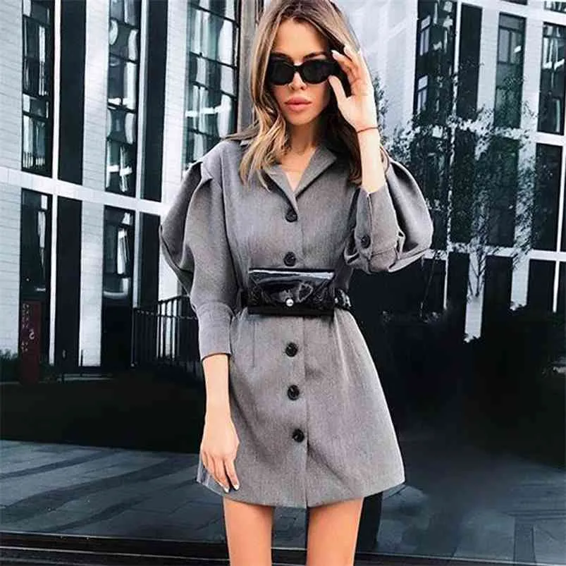 Vintage long lantern sleeve blazer dress women high fashion button office lady streetwear elegant grey vestidos 210427