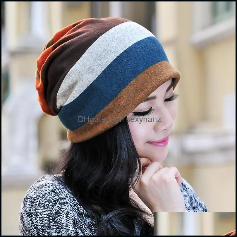 New Autumn Winter Women Stripe Hat Horsetail Cap Beanies Neck Warmer Big Girls Lady Knitted Hats M253