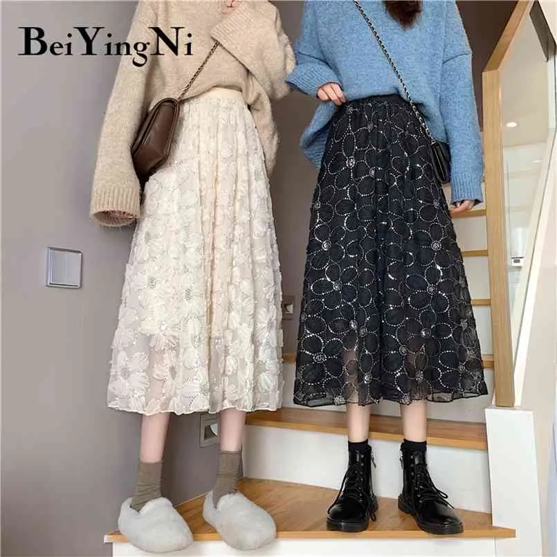 Pailletten bloemen lente zomer geplooid zwart streetwear chic vrouw rokken solid hoge taille vintage koreaanse faldas mujer 210506