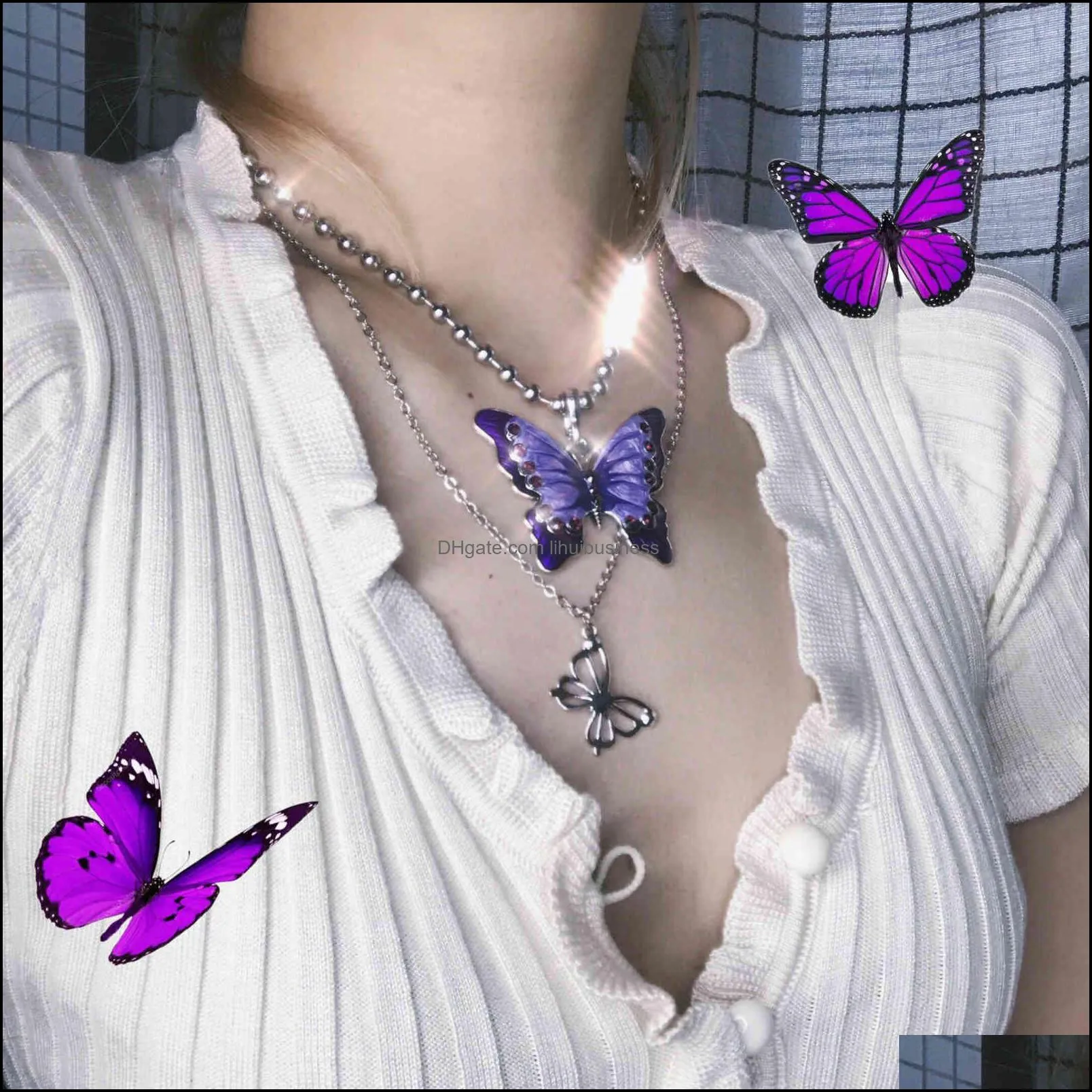 Ins girl Butterfly Pendant Necklaces Women Vintage Harajuku Stainless Steel Letter Beads Choker Cool Girls Punk Sliver Chain Y0309