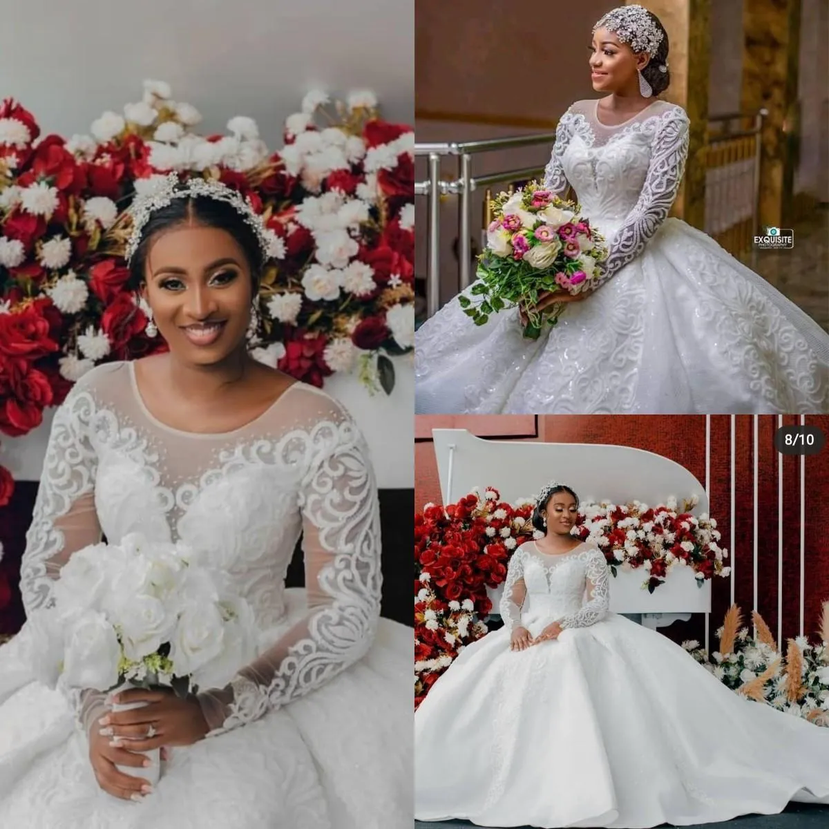 Plus Storlek Afrikanska bröllopsklänningar 2022 Sparkly Sequins Lace Applique Långärmad Princess Bridal Gown Estidos de Novia