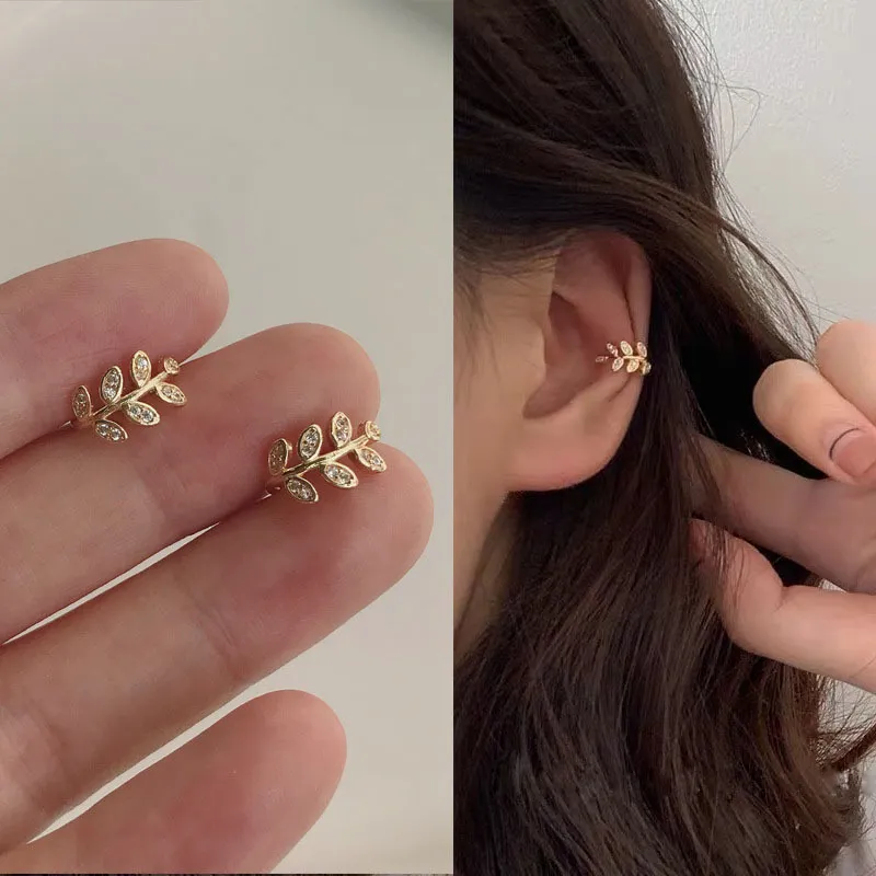Moda Gold Color Leaf Clip Earring Dla Kobiet Bez Piercing Rhinestone Vintage Crystal Ear Cuff Girls Kuberly Prezent