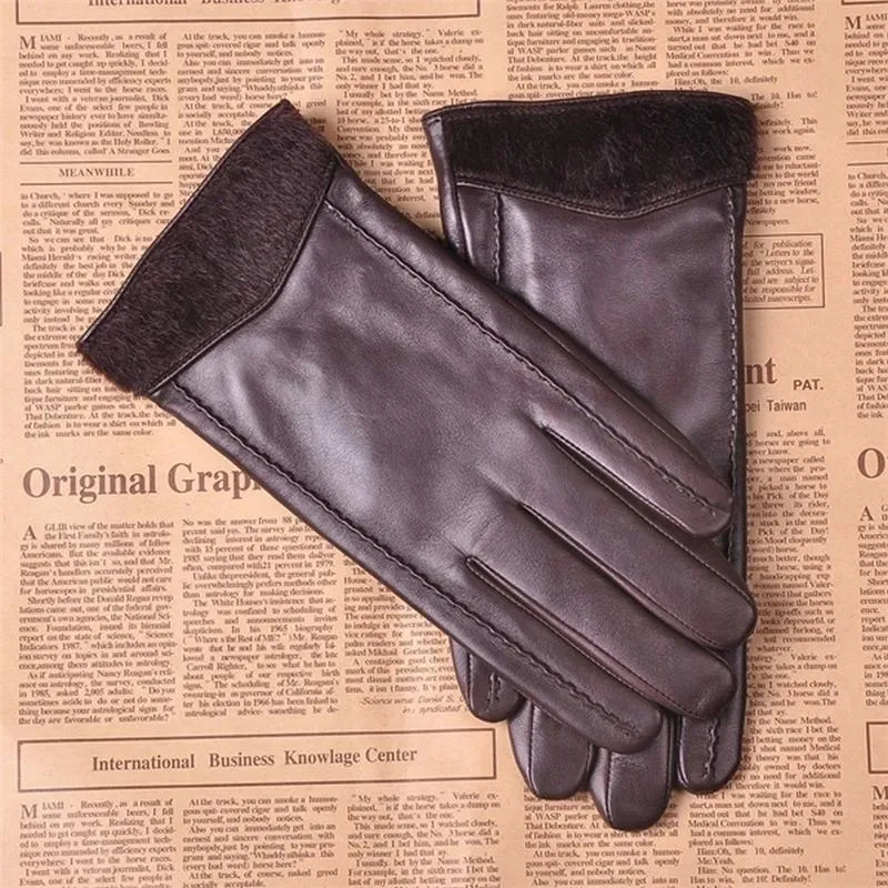Fingerless Gloves Genuine Leather 2021 Men Fashion Wrist Fur Sheepskin Autumn Winter Thermal Velvet Driving M031NC-5
