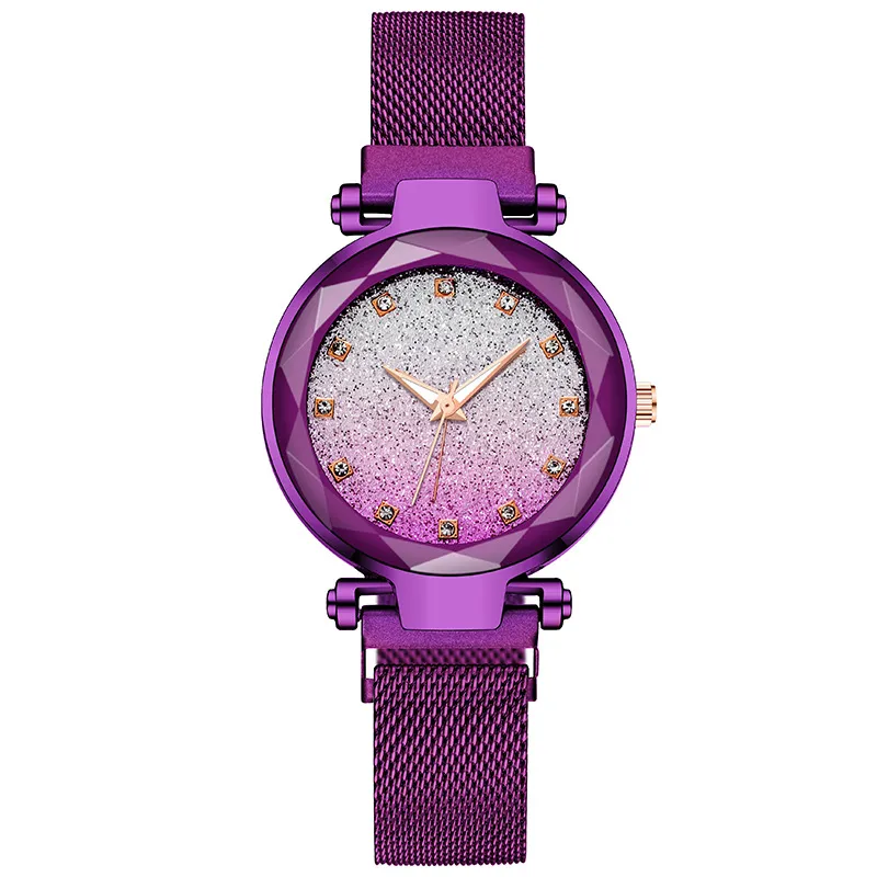 Montre à quartz pour femme 33 mm classique pour femme - Montre de luxe élégante - Montre-bracelet ronde dégradée ciel étoilé lumineux en acier inoxydable