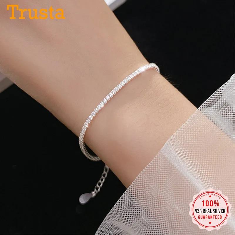 TrustDavis Luksusowy Prawdziwy 925 Sterling Silver Fashion Proste Olśniewające CZ Chain Bransoletki Dla Kobiet Ślub Fine S925 Biżuteria DA1715