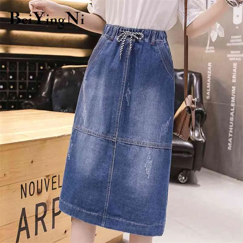 Vintage Denim Saia Drawstring Alto Elástico Cintura de Cintura Streetwear Midi Jeans Saias Mulheres Oversized Split Bottoms 210506