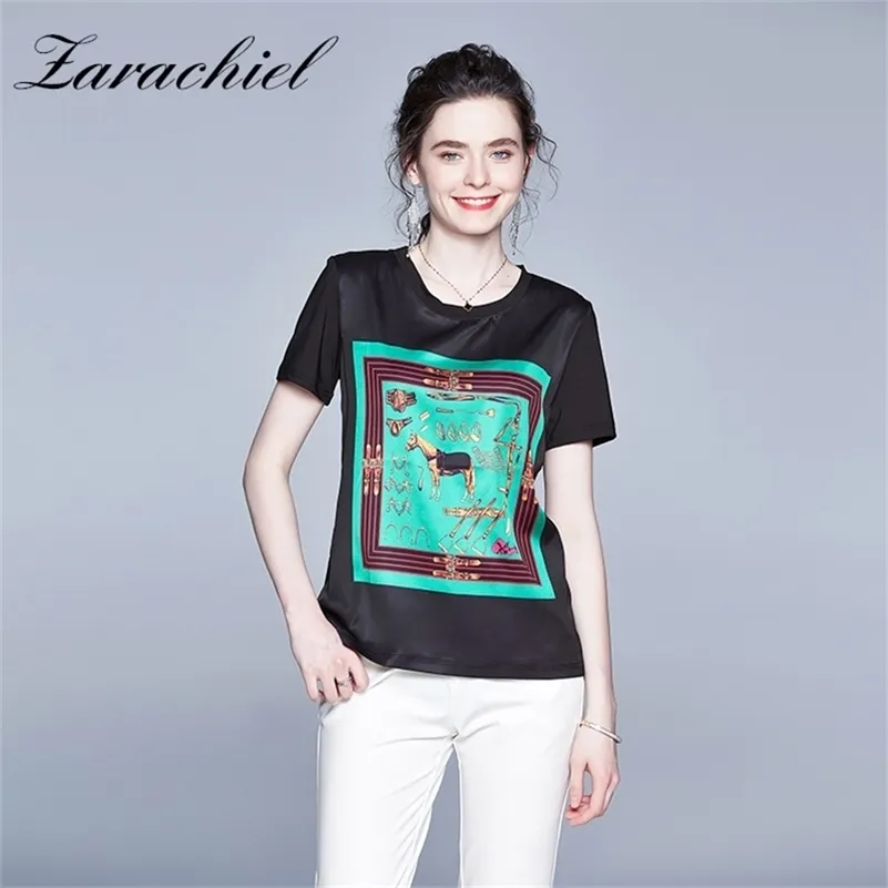 Sommer Frauen Casual Print Patchwork Satin Hemd Mode Tops Tees Rayon T-shirts Oansatz Lose Oansatz Kurzarm T-shirts 210330