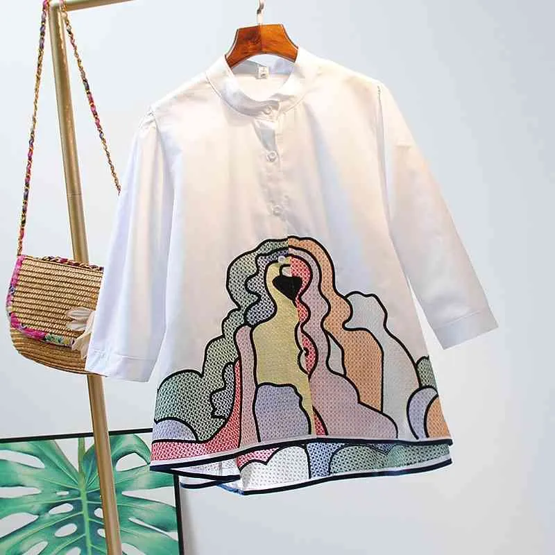 VANOVICH Three Quarter Sleeve Summer Women Shirts Embroidery Pluz Size Wild Casual Cardigan Clothing 210615