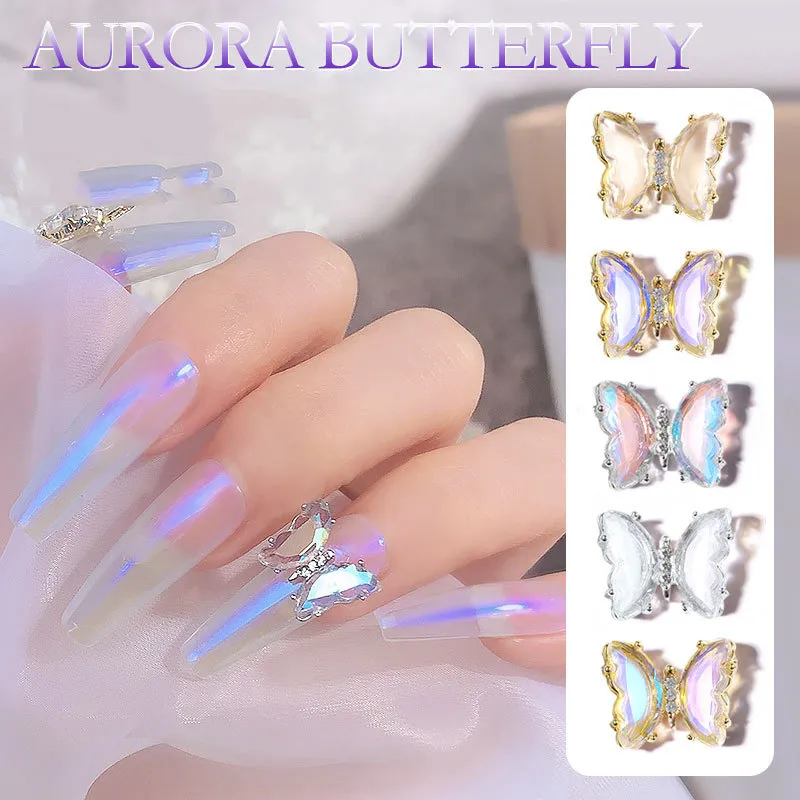 Aurora Butterfly Nail Art Decorations AB Färgglada 3D Flyga Fjärilar Zircon Nail Ornaments DIY UV Manicure Tillbehör