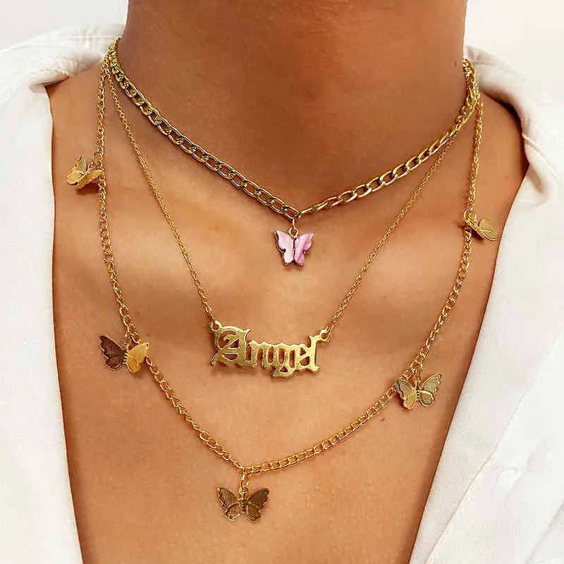 2021 Vintage Multilayer Acrylic Butterfly Choker Necklace Fashion Women Letter Golden Chain Layered Necklace Jewelry Party Gift G1206