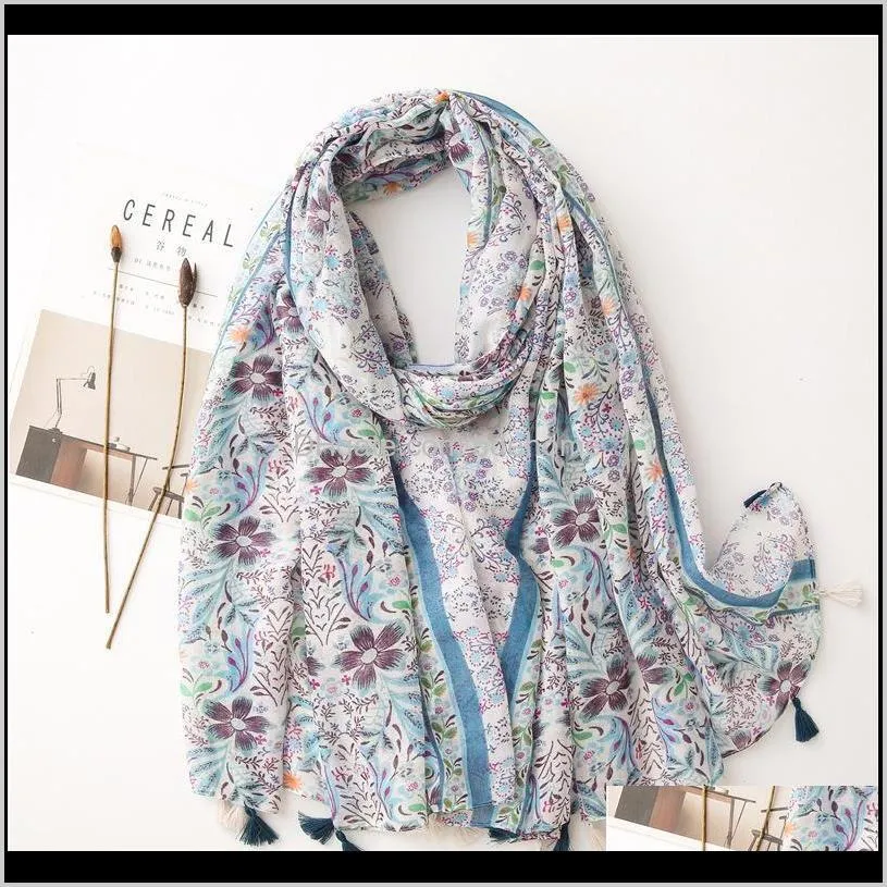 women floral print shawl scarf viscose hijab large size special ball tassel thin scarf blanket wrap high quality wolesale 2color1
