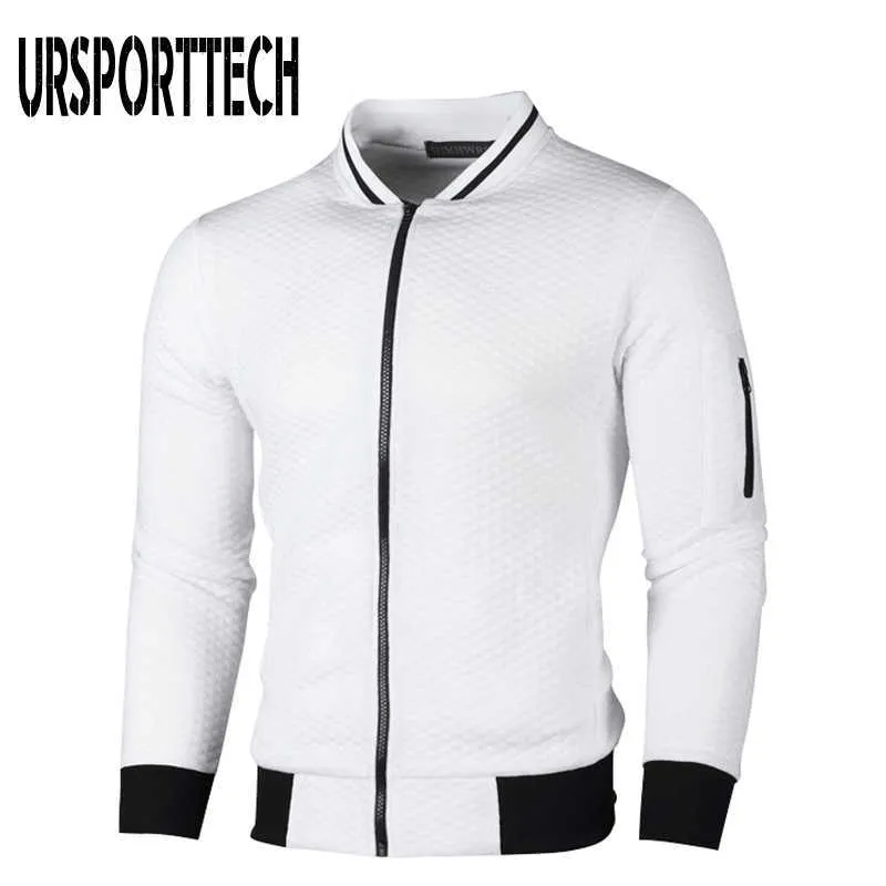 Ursporttech мужские куртки осень Argyle Zipper куртка повседневные стойки воротник белый плед трексуита мужские куртки одежда 3XL 210528